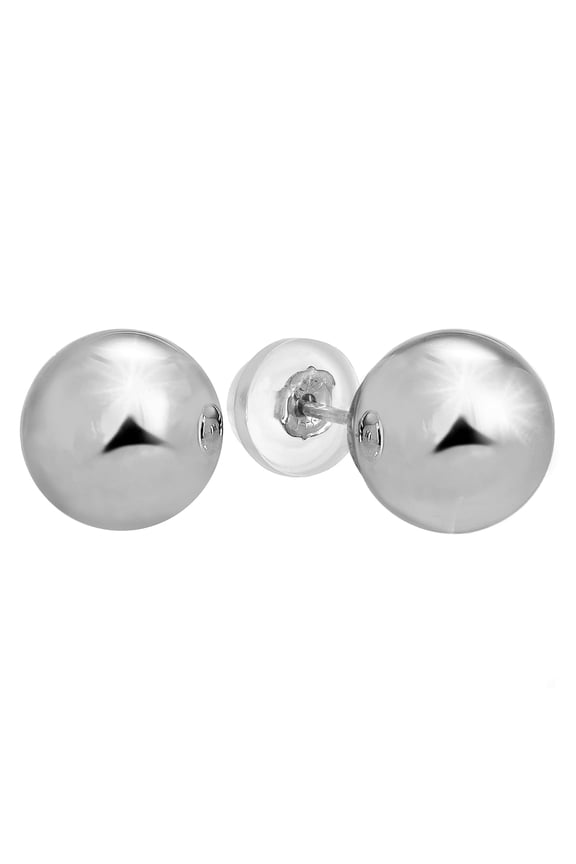 Jewelstop 14K Real White Gold Stud Ball Earrings, Silicone Covered Gold Pushbacks - 10 mm