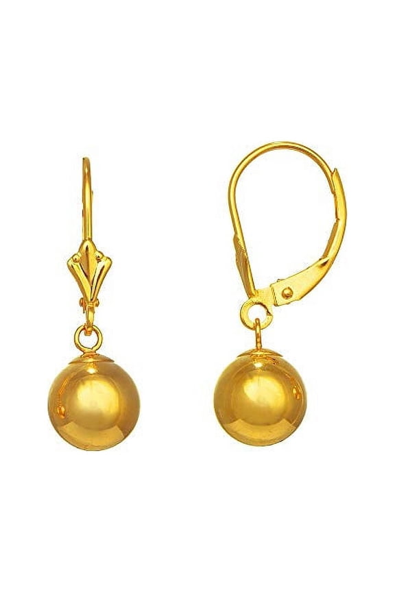 Jewelstop 14K Real Yellow Gold Ball 8mm Dangle Lever Back Earrings
