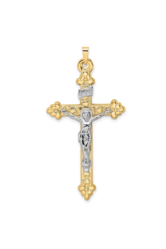 14k Real Yellow Gold INRI Crucifix Cross Pendant Necklace for Men and Women Polished Budded Religious Christian Catholic Faith Symbol Spiritual Classic Design
