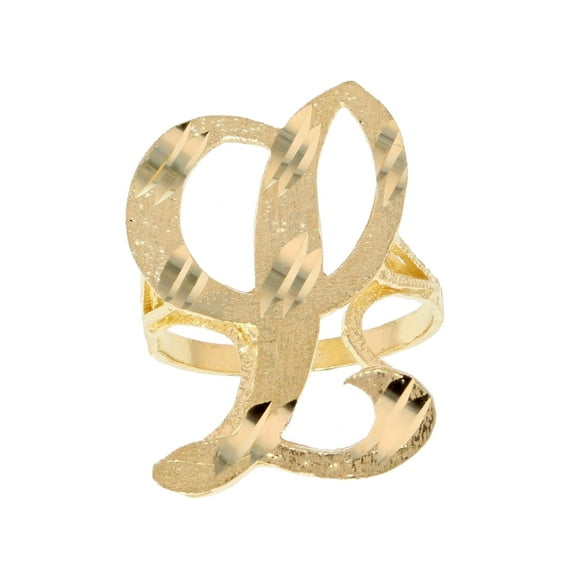 14k Real Yellow Gold Ladies Tendy Chic Diamond Cut Cursive Inital Letter L Ring