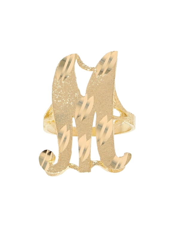 14k Real Yellow Gold Ladies Tendy Chic Diamond Cut Cursive Inital Letter M Ring