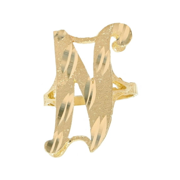 14k Real Yellow Gold Ladies Tendy Chic Diamond Cut Cursive Inital Letter N Ring