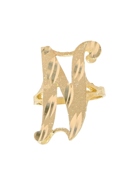 14k Real Yellow Gold Ladies Tendy Chic Diamond Cut Cursive Inital Letter N Ring