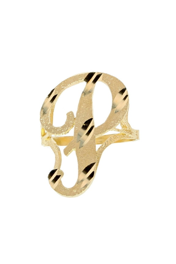 14k Real Yellow Gold Ladies Tendy Chic Diamond Cut Cursive Inital Letter P Ring