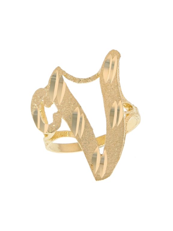 14k Real Yellow Gold Ladies Tendy Chic Diamond Cut Cursive Inital Letter V Ring