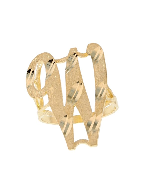 14k Real Yellow Gold Ladies Tendy Chic Diamond Cut Cursive Inital Letter W Ring