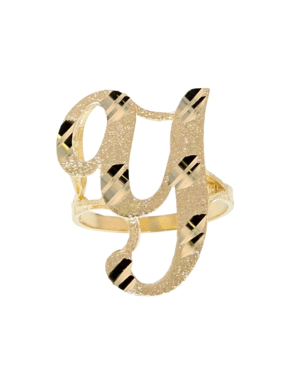 14k Real Yellow Gold Ladies Tendy Chic Diamond Cut Cursive Inital Letter Y Ring