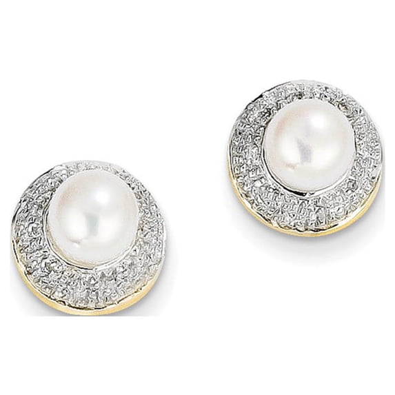 14k & Rhodium 5-6mm Button Freshwater Cultured Pearl .05ct Diamond Post Earrings in 14k Yellow Gold w/ Rhodium Plating