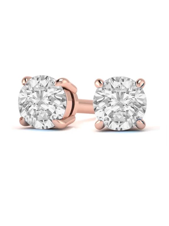 14k Rose Gold 1/2 Carat Created White Diamond Round Stud Earrings (SI1) 4 Prong Setting Plated by Paris Jewelry