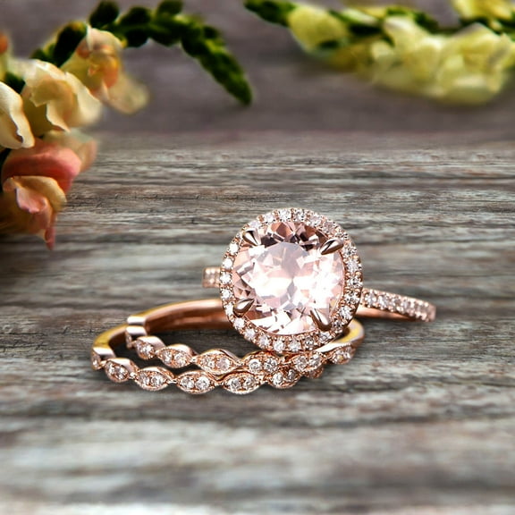 14k Rose Gold 2 Carat Round Cut Morganite Trio Set Engagement Ring Halo Stacking Matching Band