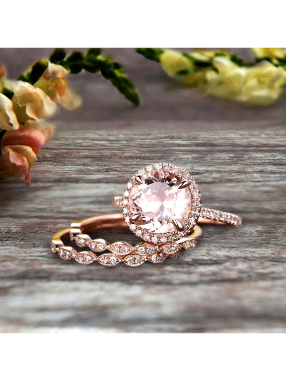 14k Rose Gold 2 Carat Round Cut Morganite Trio Set Engagement Ring Halo Stacking Matching Band