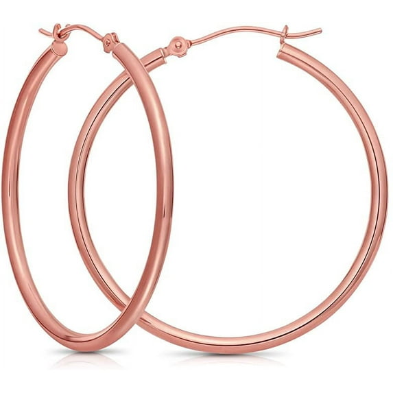 14k Rose Gold 2mm Polished Round Tube Hoop Earrings, Diameter 45mm