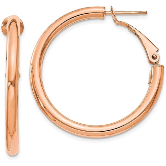 14k Rose Gold 3x25mm Polished Round Omega Back Hoop Earrings - 32.5mm