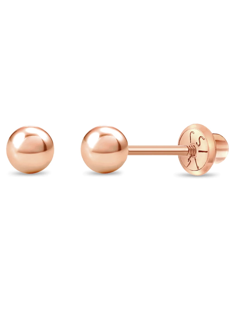 14k Rose Gold 4mm Plain Ball Earrings with Safety Screw Backs for Little Girls