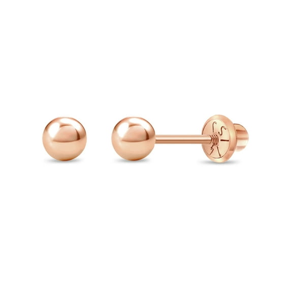 14k Rose Gold 4mm Plain Ball Earrings with Safety Screw Backs for Little Girls