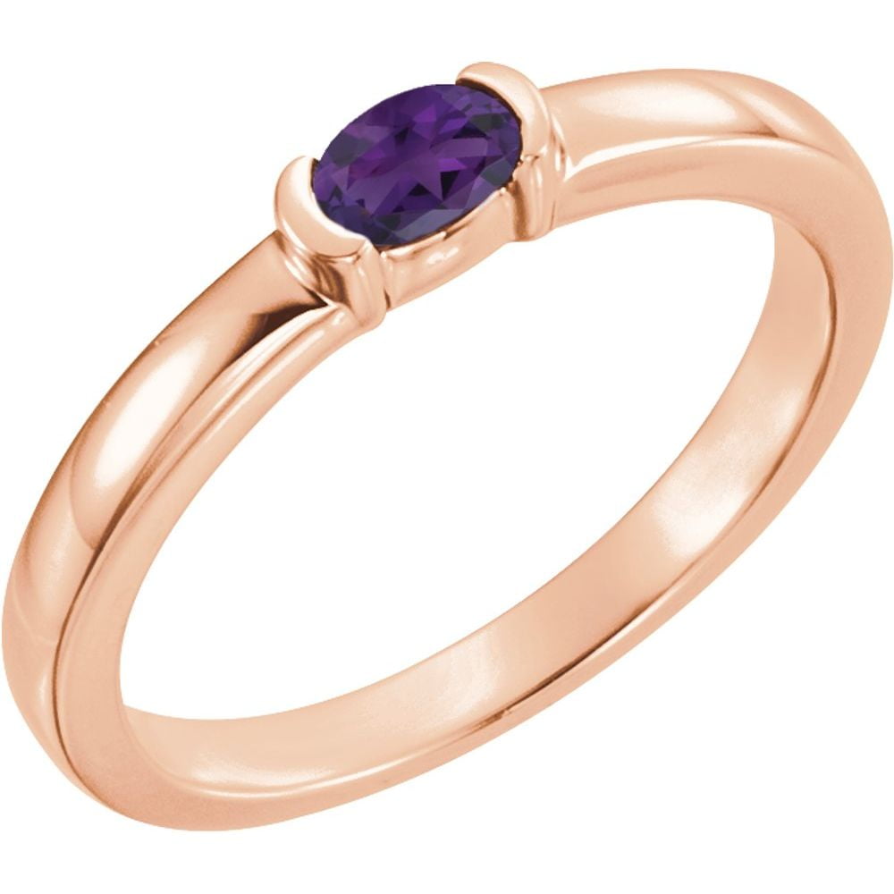 14k Rose Gold Amethyst Oval Shape Stackable Family Fashion Ring Fine ...