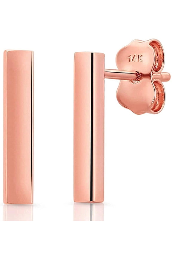14k Rose Gold Bar Earrings Polished Stud 12.5mm Line Stick Minimalist Earrings