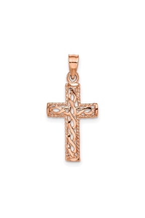 14k Rose Gold Cross Pendant Charm, Braided Rope Celtic Knot, Polished Religious Jewelry