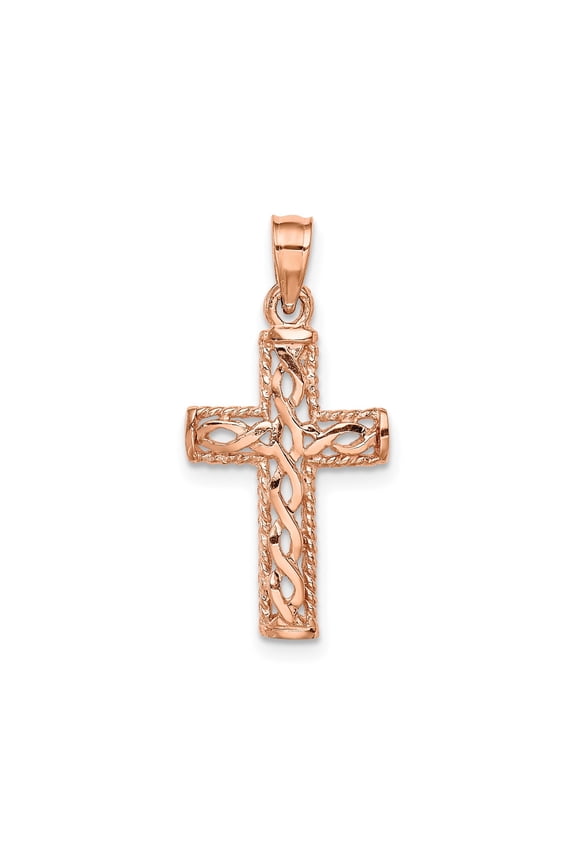 14k Rose Gold Cross Pendant Charm, Braided Rope Celtic Knot, Polished Religious Jewelry