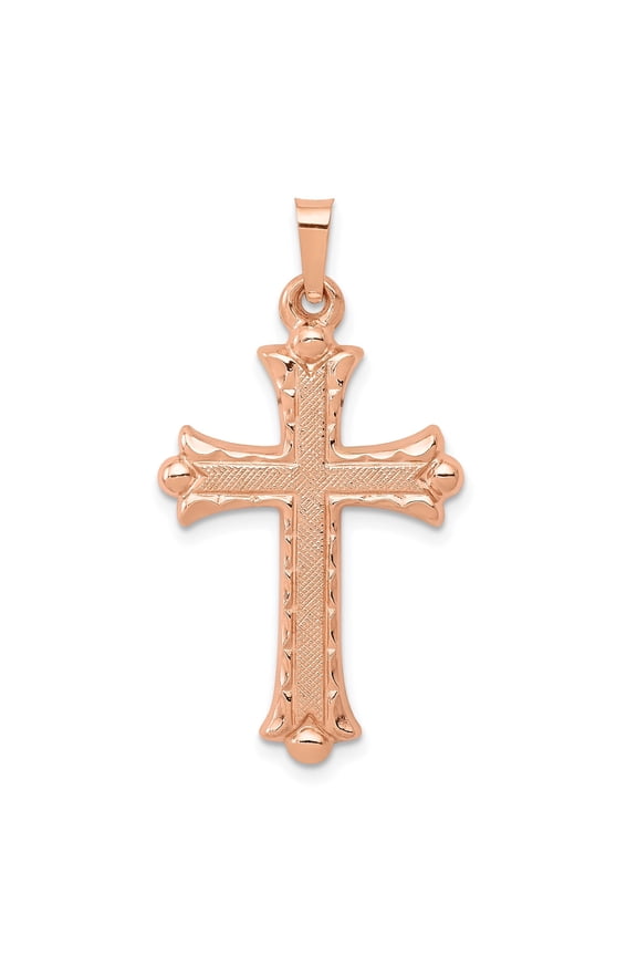 14k Rose Gold Cross Pendant for Women, Textured Patonce Design with Ornate Edges, Christian Religious Necklace Charm for Faith, Baptism, Confirmation or Daily Wear