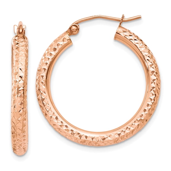 14k Rose Gold Diamond Cut Hoop Earrings for Women, Textured Medium Size Polished Finish, Sleek Classic Modern Style for Everyday or Occasion Wear