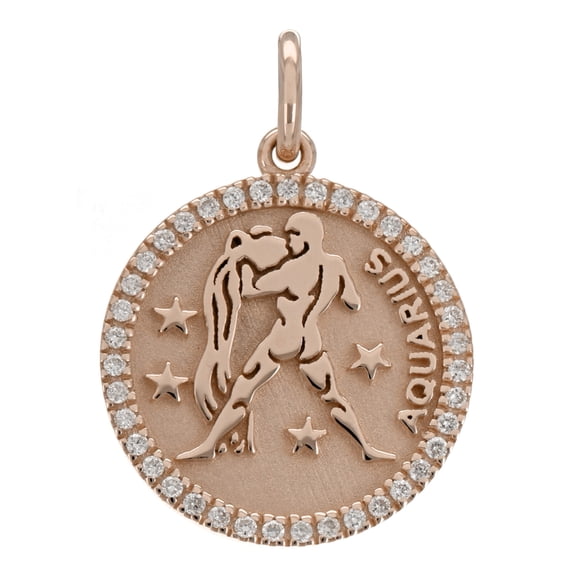 14k Rose Gold Diamond Zodiac Sign Aquarius Pendant - Aquarius,Rose