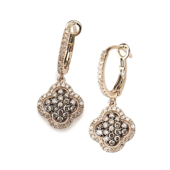 14k Rose Gold Four-leaf Clover Earring with Brown and White Diamonds .77 Ct H-I Color SI2-I1 Clarity