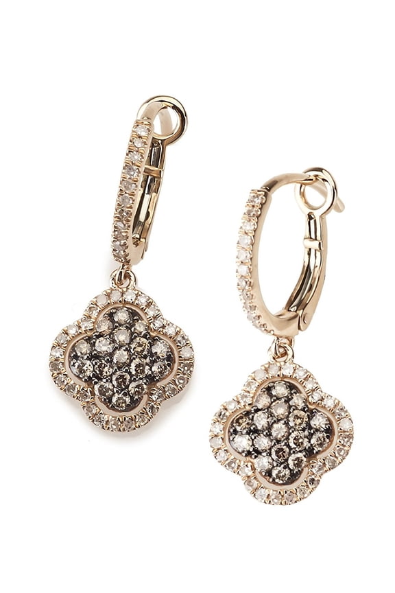 14k Rose Gold Four-leaf Clover Earring with Brown and White Diamonds .77 Ct H-I Color SI2-I1 Clarity