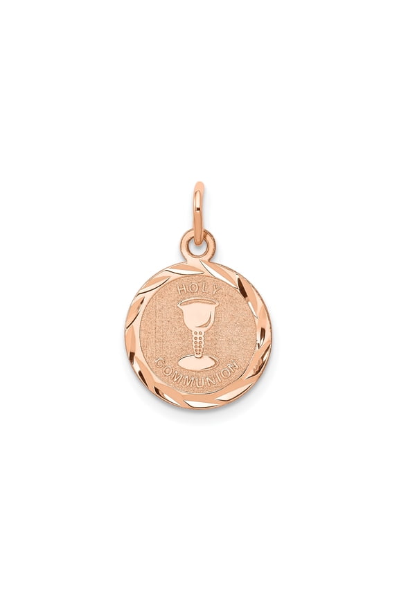 14k Rose Gold Holy Communion Pendant Necklace with Chalice Engraving, Catholic Religious Medal for Women, Christian Faith Symbol, Spiritual Sacrament Jewelry Keepsake