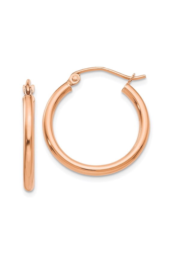 14k Rose Gold Hoop Earrings for Women, Medium Size Polished Minimalist Design with Hinged Snap Closure, Lightweight Classic Everyday Jewelry