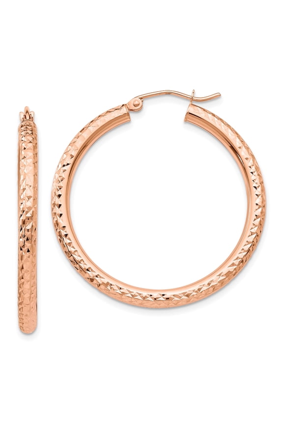 14k Rose Gold Diamond-Cut Hoop Earrings, 35mm Polished Round Hoops for Women
