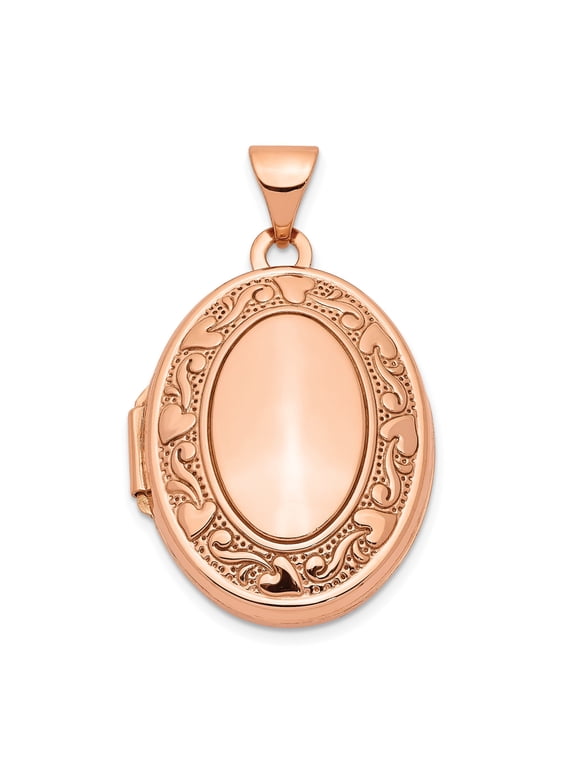 14k Rose Gold Oval Heart Scroll Locket Pendant for Women, Polished, Holds 2 Photos
