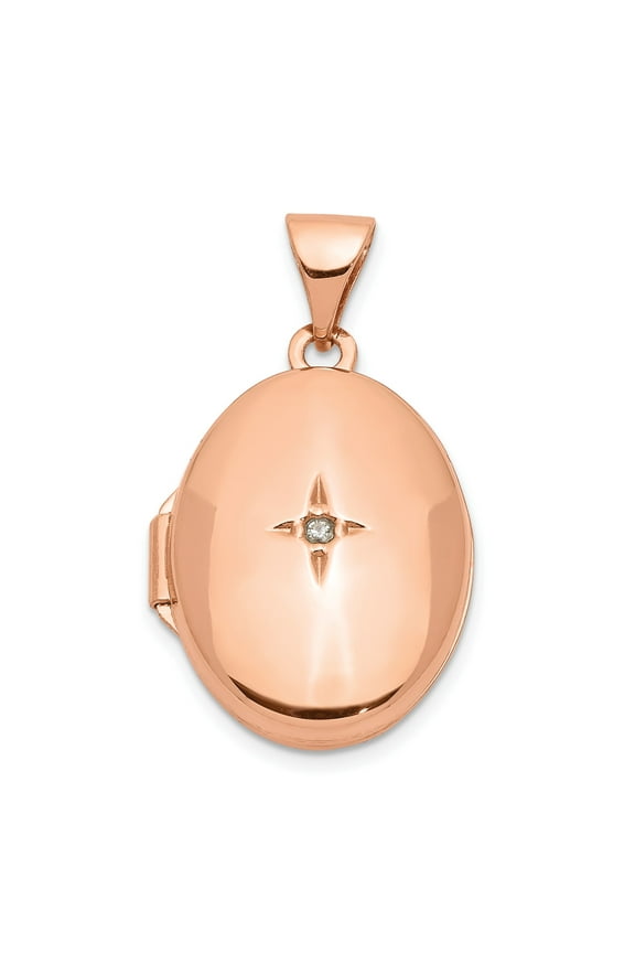 14k Rose Gold Oval Locket Pendant Necklace for Women with Diamond Starburst Design, Sentimental Jewelry for Photo or Keepsake, Symbolic Elegant Heirloom Accessory