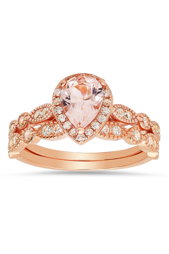 14k Rose Gold Over Silver 2pc Morganite CZ Stackable Ring Set