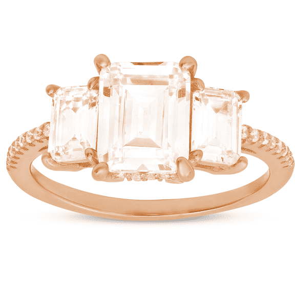 14k Rose Gold Over Silver 3-Stone Emerald-cut Diamond Cubic Zirconia Ring | Engagement Ring, Wedding Rings for Women