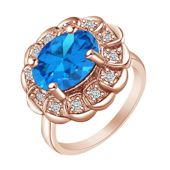AFFY 14k Rose Gold Over Sterling Silver Round Shape Simulated Topaz & White CZ Halo Engagement Ring