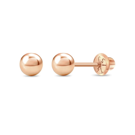 14k Rose Gold Plain Ball Earring with Safety Screw Backs for Young Girls