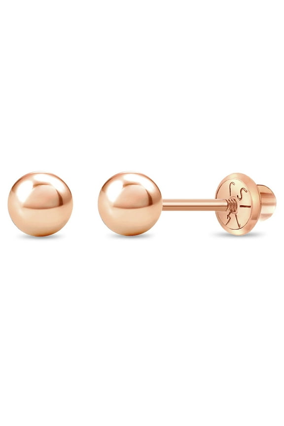 14k Rose Gold Plain Ball Earring with Safety Screw Backs for Young Girls