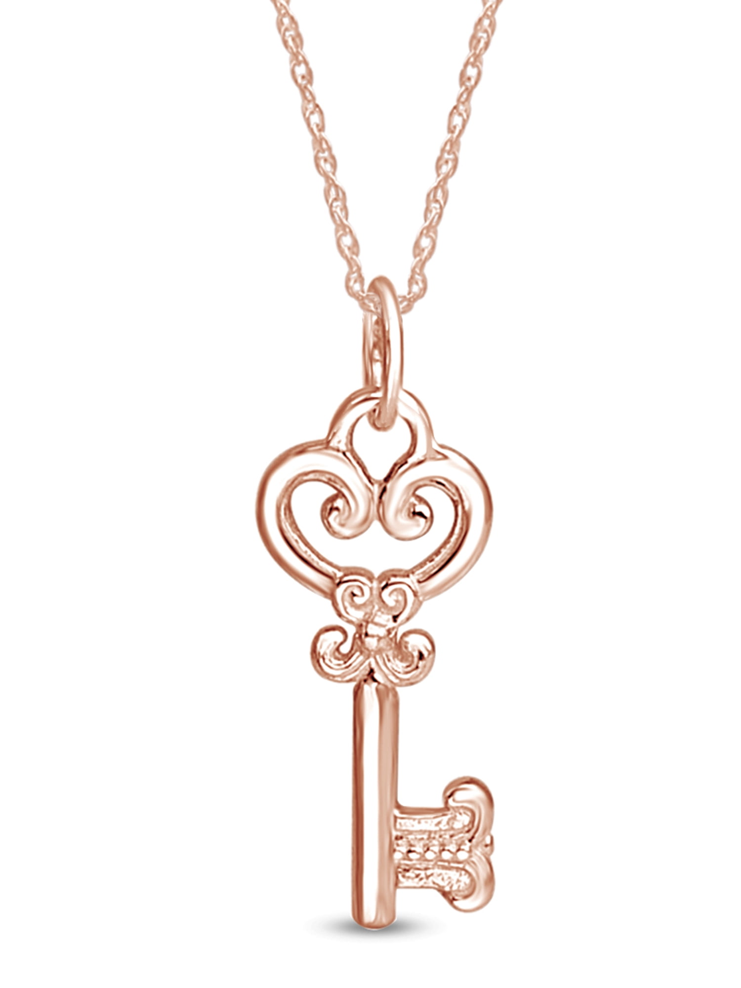 14k Rose Gold Plated 925 Sterling Silver Lovely Vintage Key Pendant Necklace With 18" Long Chain Gift For Her Women Birthday