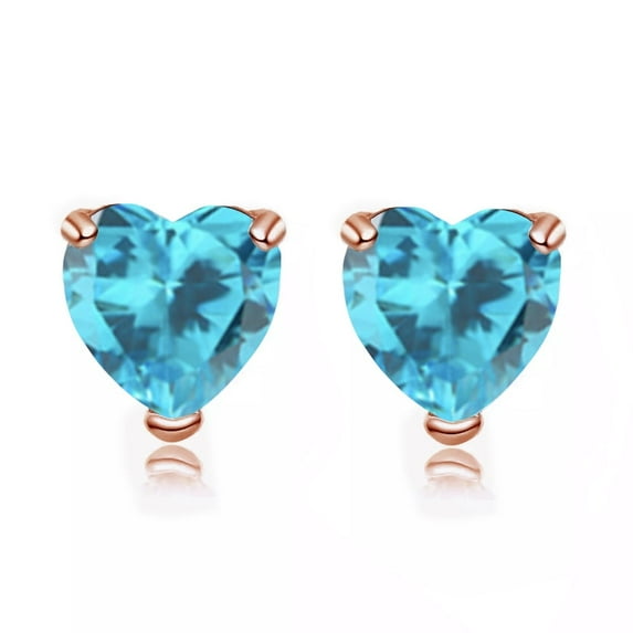 14k Rose Gold Plated Over Sterling Silver 4 Carat Heart Created Blue Topaz Sapphire Stud Earrings