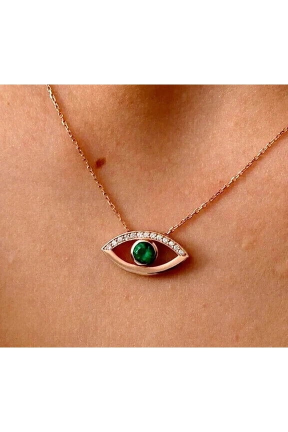14k Rose Gold Plated Silver 1.50Ct Round Lab Created Green Emerald Evil Eye Shape Pendant