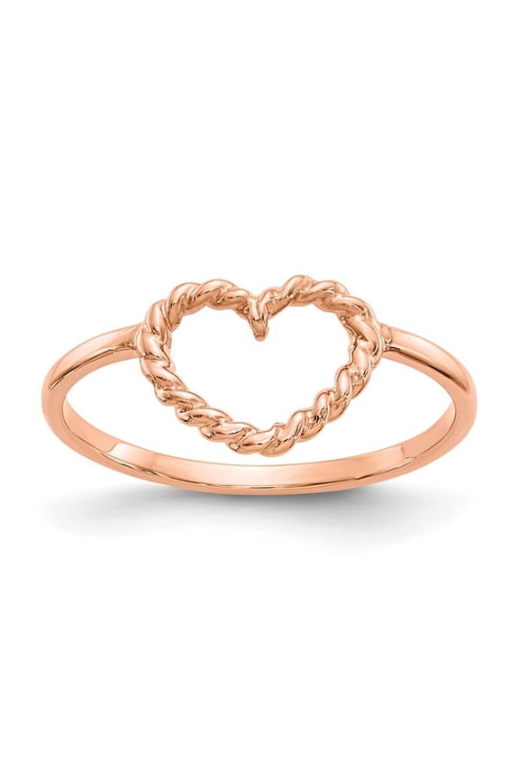 14k Rose Gold Polished & Twisted Rope Textured Women's Heart Ring - Size 7