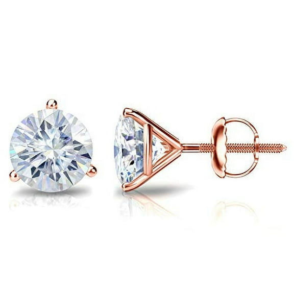14k Rose Gold Round Moissanite Stud Earrings (1ct TGW, 5mm, H-I) 3-Prong Martini, Screw-Back by Diamond Wish