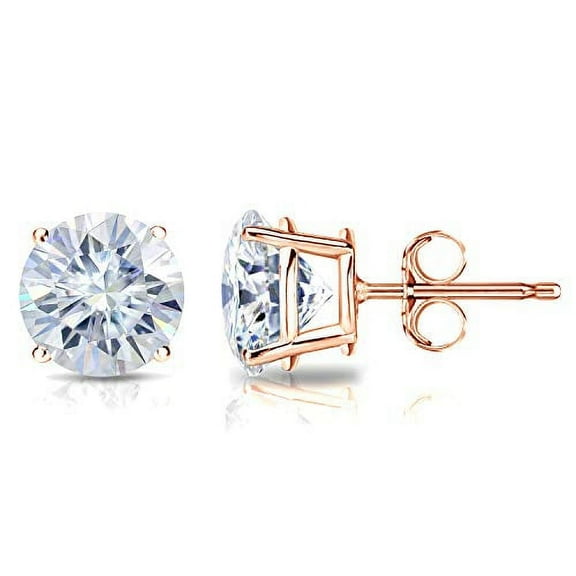 14k Rose Gold Round Moissanite Stud Earrings (1ct TGW, 5mm, H-I) 4-Prong Basket, Push-Back by Diamond Wish