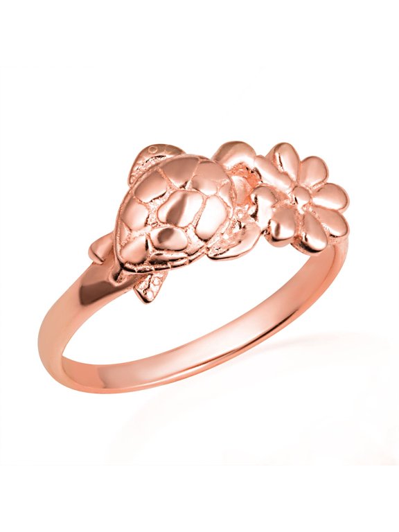 14k Rose Gold Sea Turtle Daisy Flower Nature Ring (Size 8)