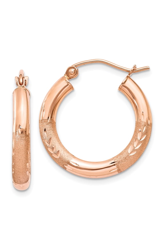 14k Rose Gold Small 3mm Thick Satin & Diamond-cut Hoop Earrings