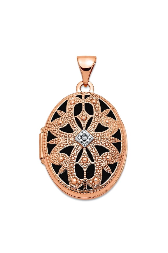 14k Rose Gold Textured Holds 2 photos 21mm Oval With Diamond Vintage Blk Interior Locket Locket Necklace for Women