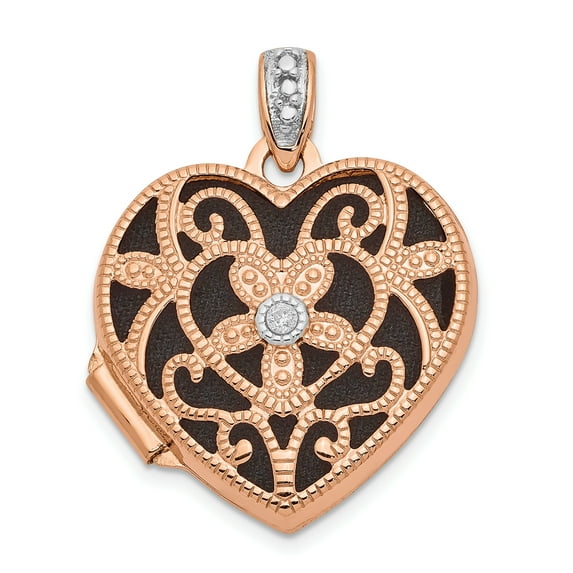 Lockets 14k Rose Gold Diamond Vintage Filigree with Black Fabric Interior 18mm Heart Locket