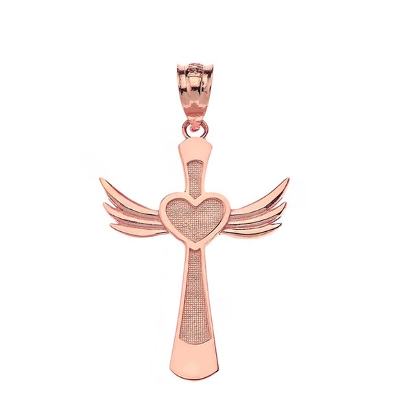 14k Rose Solid Gold Winged Heart Cross Pendant (PENDANT ONLY)