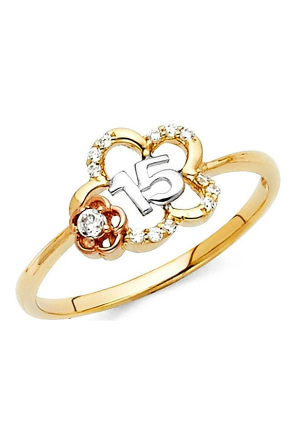 14k Rose Yellow Gold Flower CZ 15 Years Ring Quinceanera Band Rose CZ Stylish Two Tone Size 8.5
